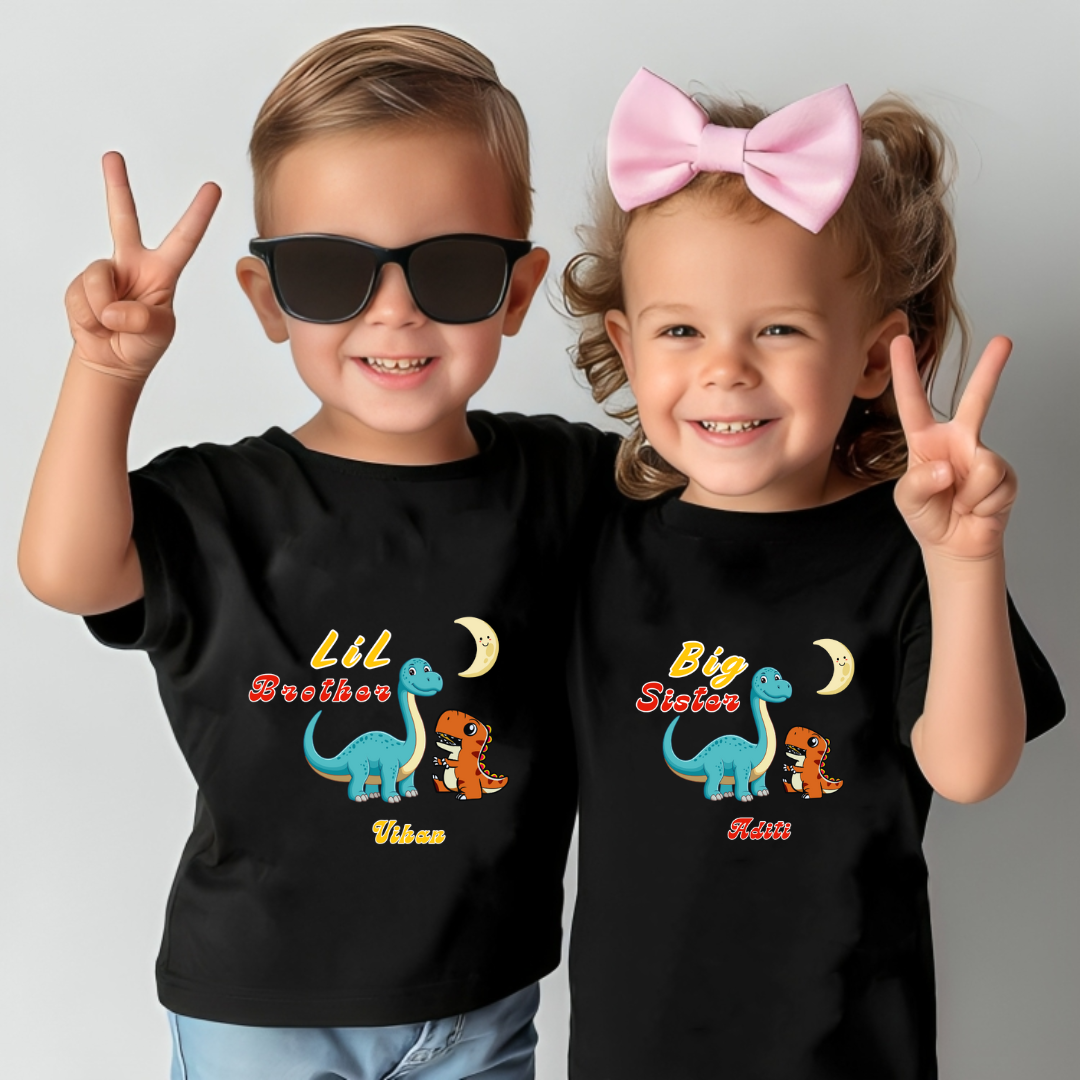 Combo pack of Little Brother, Big Sister with Customised Name_ Black Tees