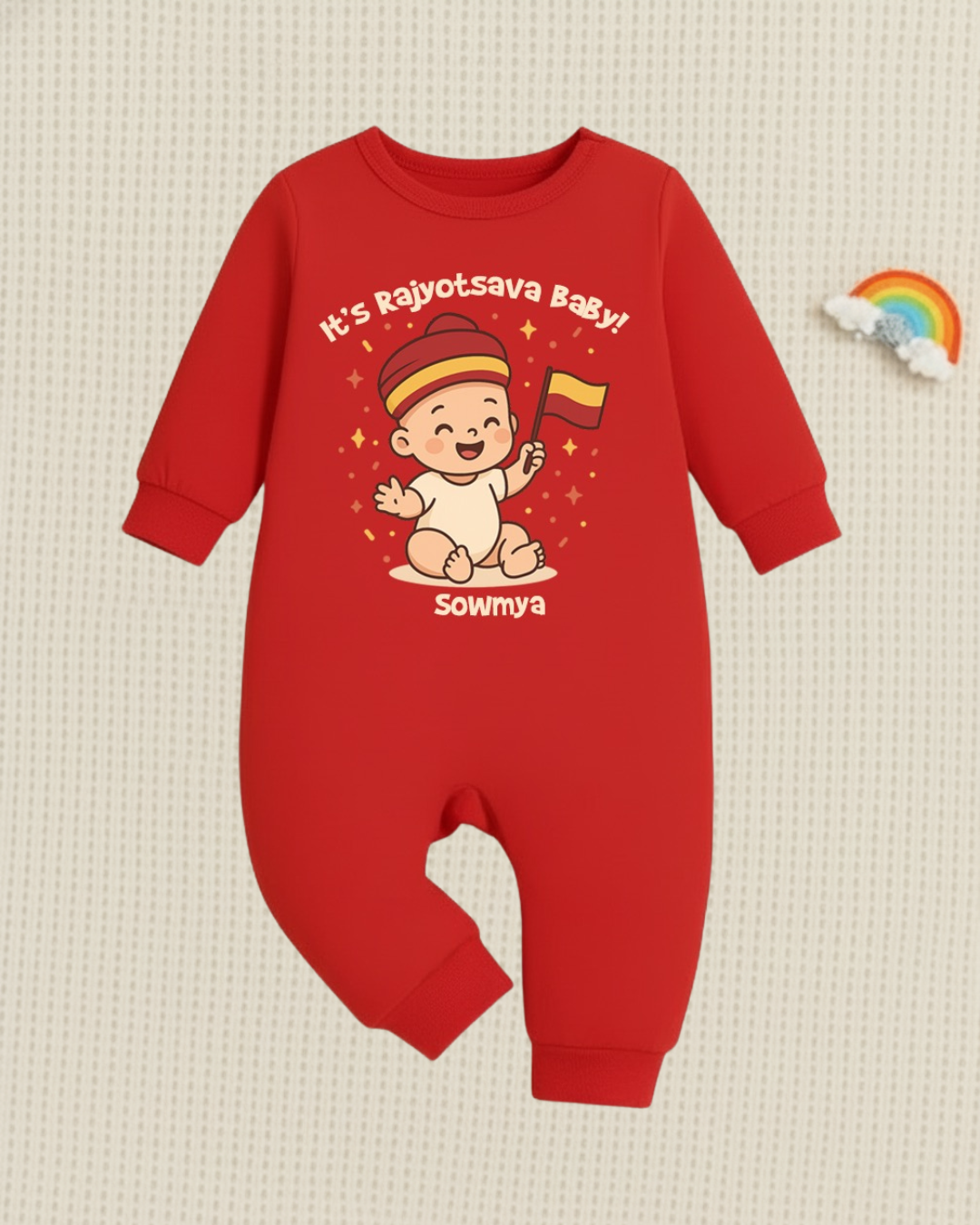 It's Rajyotsava Baby ... ! With Customized Baby Name _ Red Full Romper