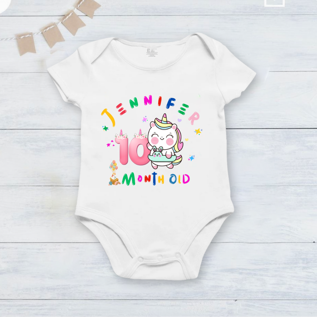 10th Infant monthly birthday 12 Months of Love_ Customized name White Onesie