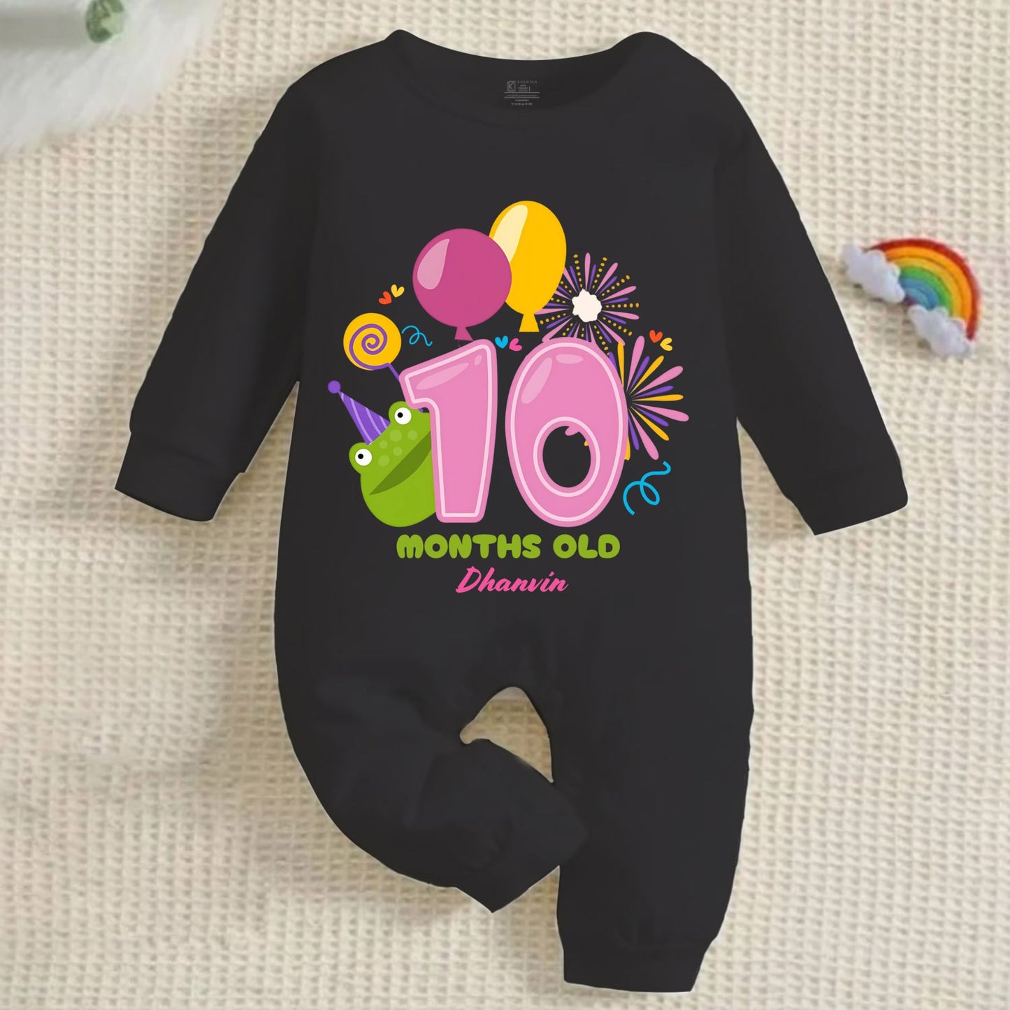 10th Infant monthly birthday Months of Love Full Black Onesie with customized baby name