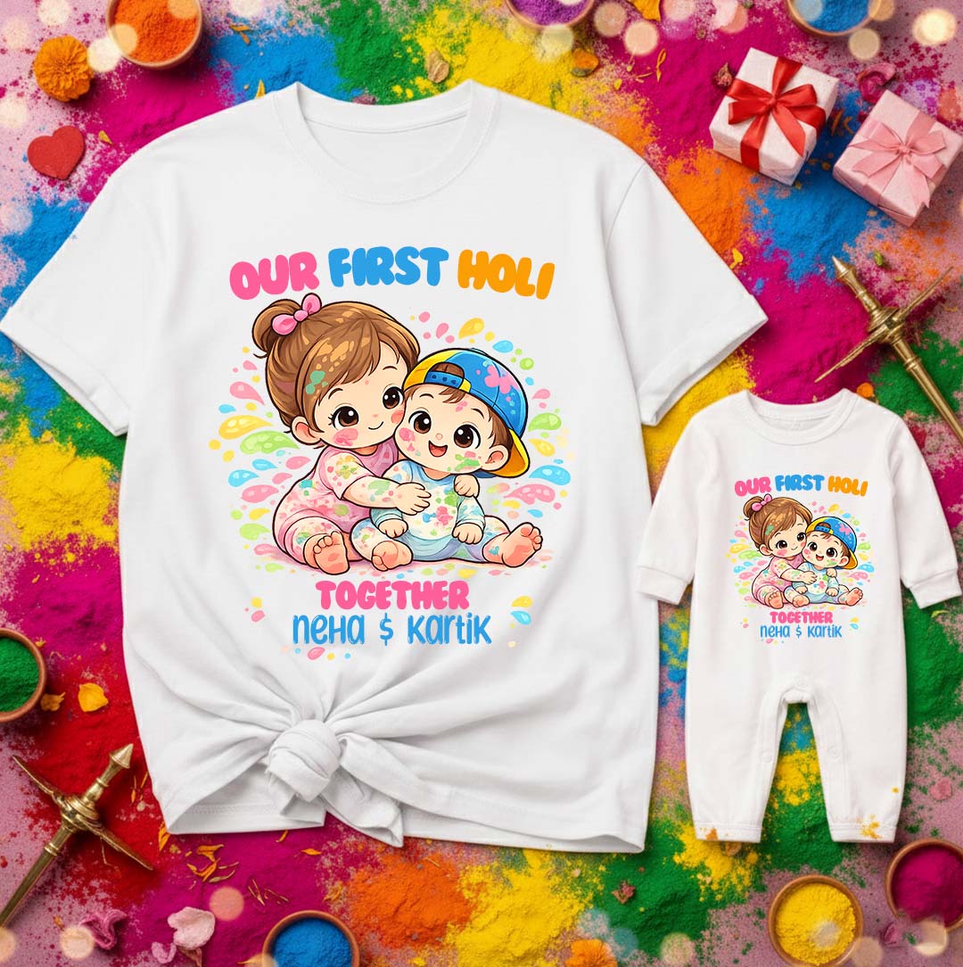 New Born & Baby Clothing | Our First Holi Together Siblings Twinning Holi Outfits With Customized Baby Name | | Soft Cotton