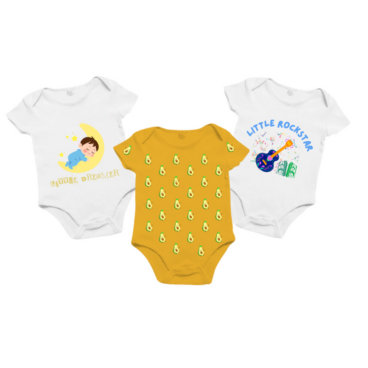 Infant Onesie Little Dreamer and Little Rockstar Pack_ White and Yellow  Trio