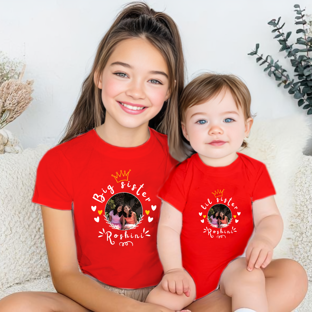 Combo pack of Big Sister, Little Sister with Customised Name and picture_ Red Tees & Romper