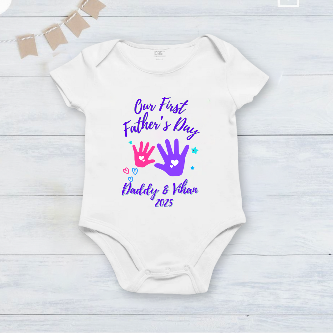 Our First Father's Day customized baby name handprint _white onesie