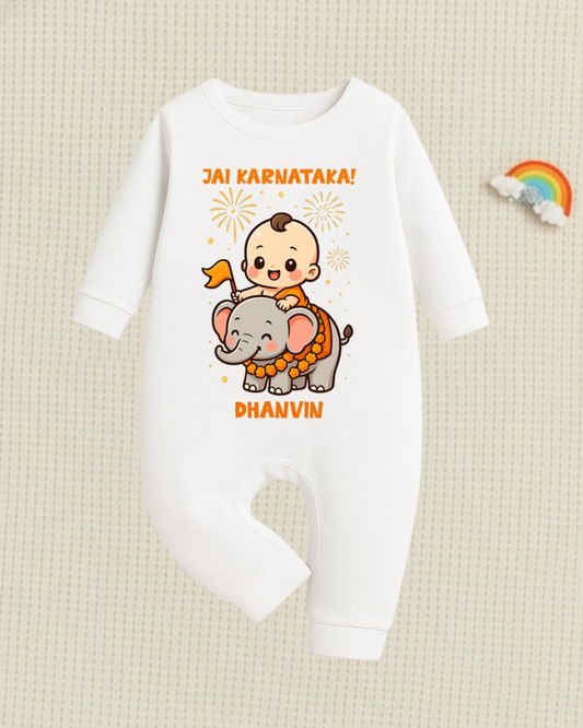 Jai Karnataka ! With Customized Baby Name  _ White Full Romper