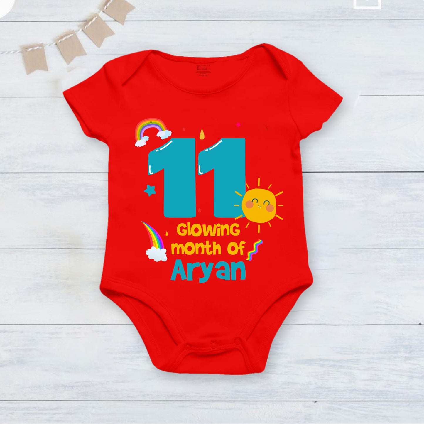 11th Infant monthly birthday_ With Customized Name Stylish Red Onesies