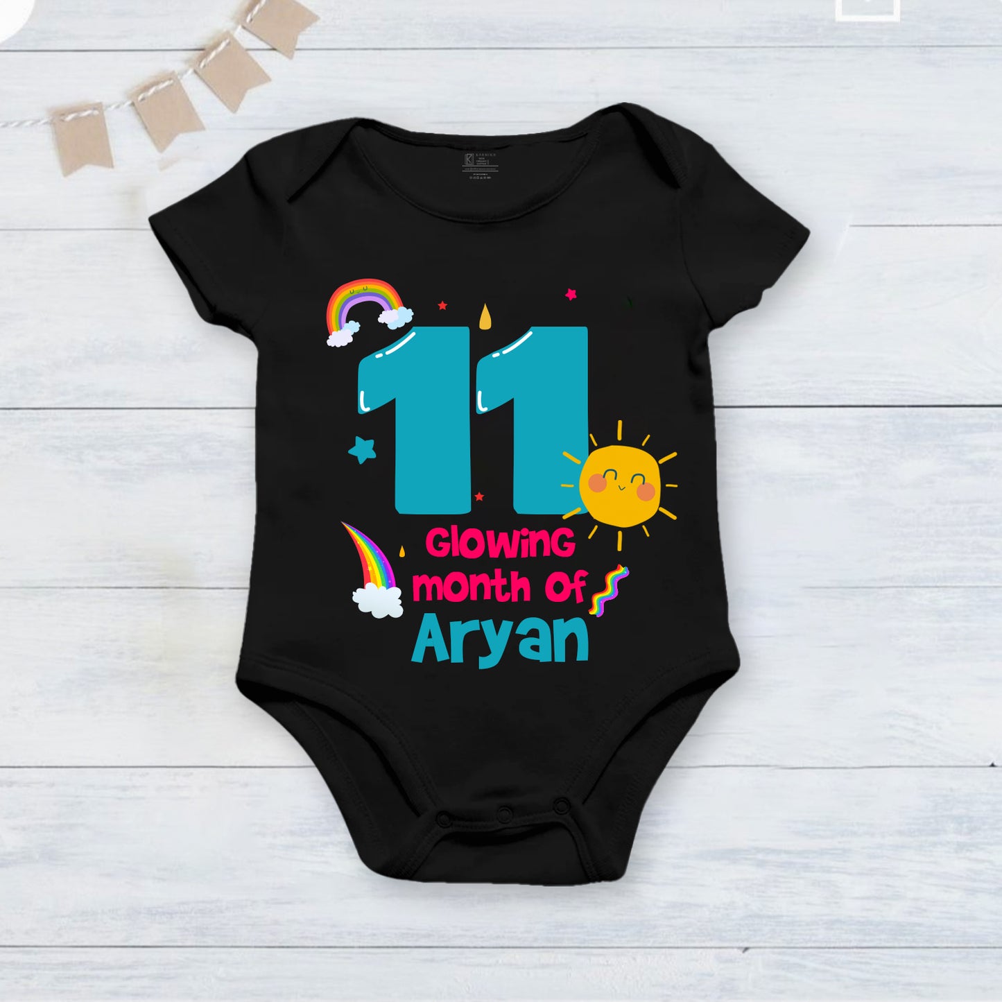 11th Infant monthly birthday_ With Customized Baby Boy's Name Stylish Black Onesies