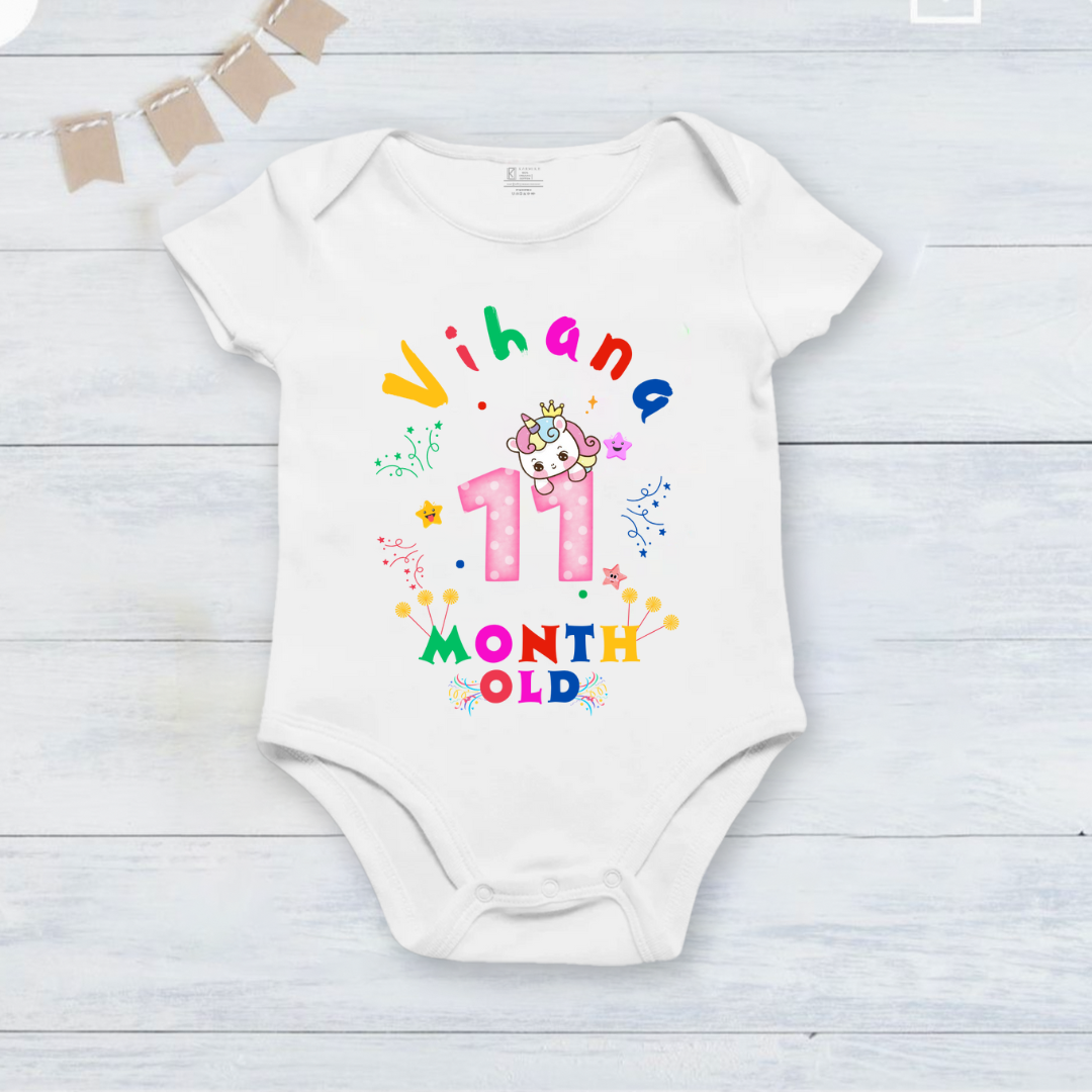Infant monthly birthday 12 Months of Love_ Customized name White Onesie