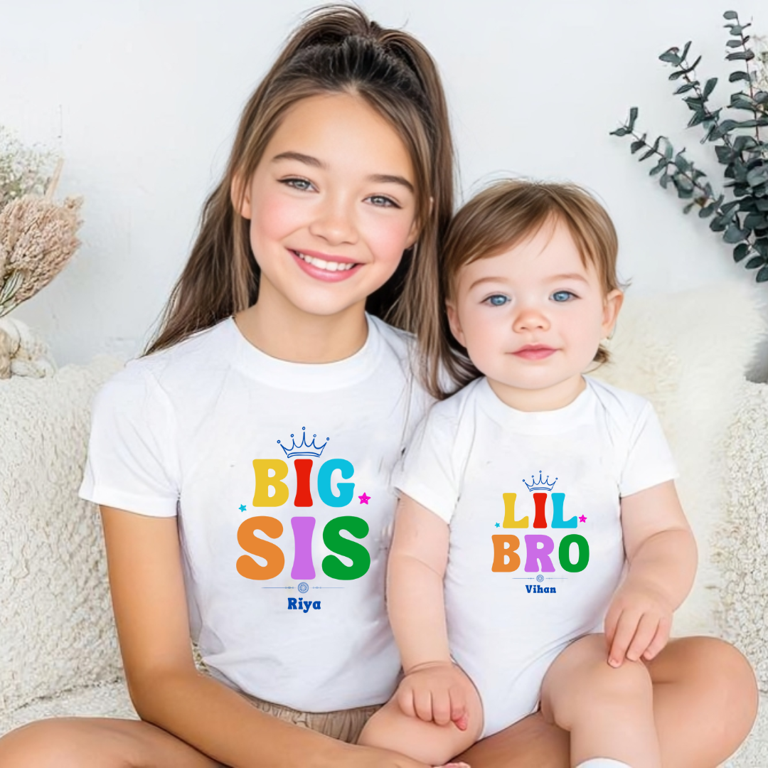Combo pack of Big Sis, Little Bro Crown design with Customised Name_ White Tees & Onesie