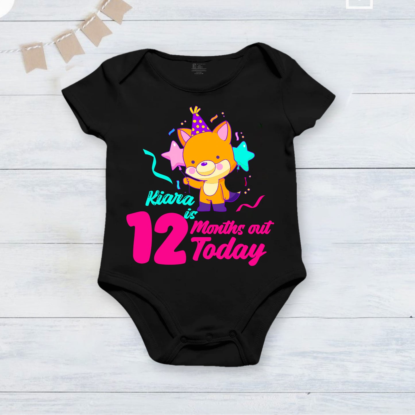 12th Month Of Love and Happiness Black onesies With Customized Baby Girl Name