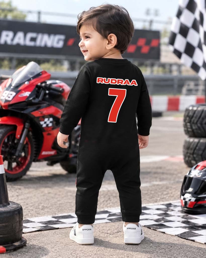 New Born & Baby clothing | Junior Racer – Signature Racing Romper with Customized Baby Name Printed | Soft Black Full Romper Cotton