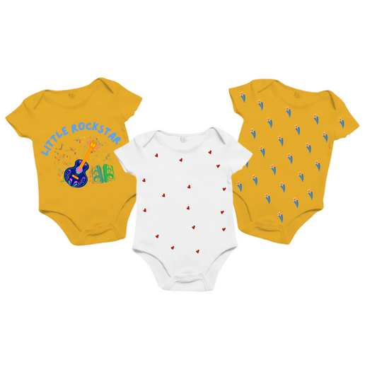 Infant Onesie  Little Rockstar Pack_ White and Yellow  Trio