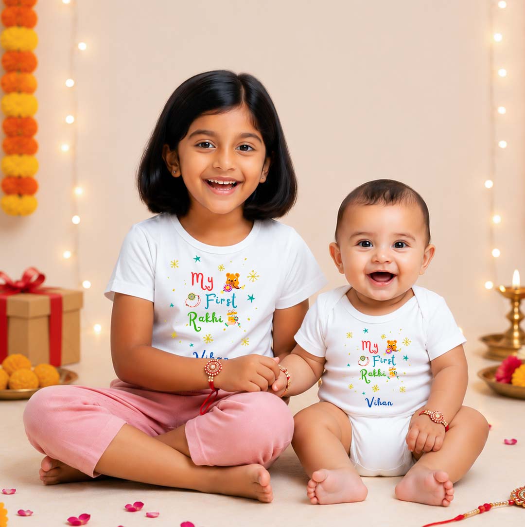 Combo pack of My First Rakhi with Customised Name_ White Tees & Onesie