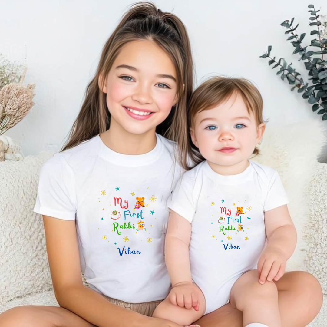 Combo pack of My First Rakhi with Customised Name_ White Tees & Onesie