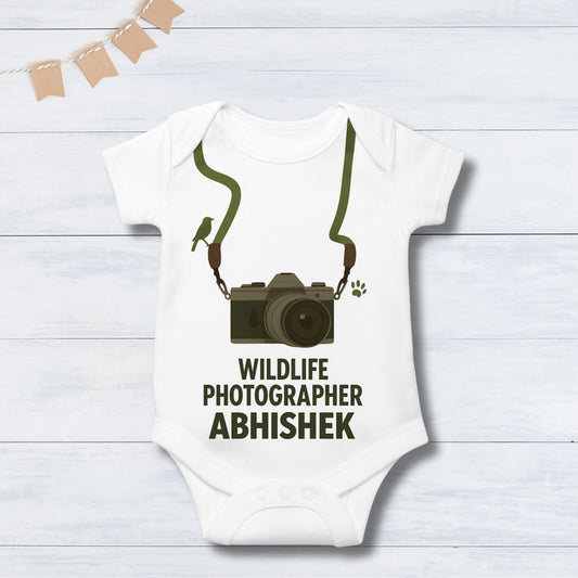 Professional Wildlife Photographer Romper with customized baby name_ White Romper