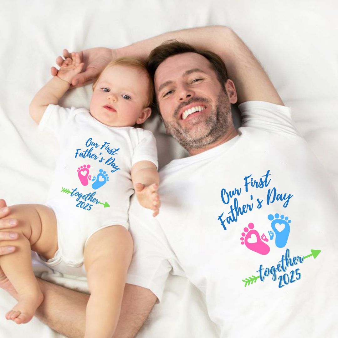 Our First Father's Day Twinning Sets Footprint T-shirt and onesie _white