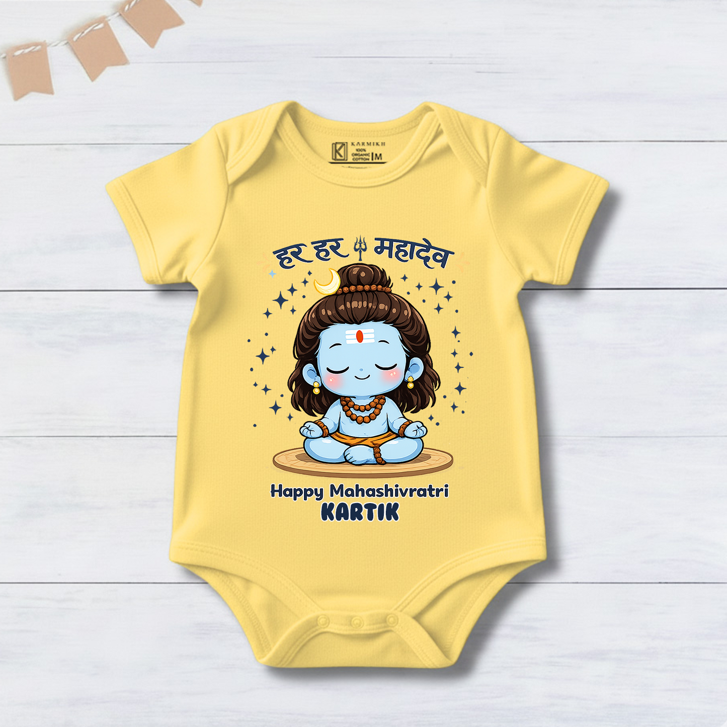 New Born & Baby Clothing | Hara Hara Mahadev With Customized Baby Name Yellow Dress | Soft Cotton