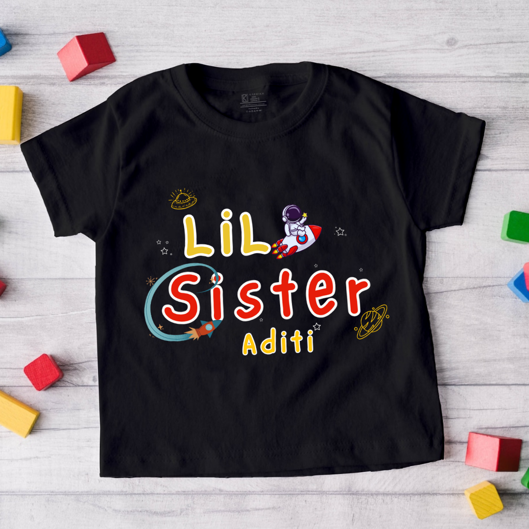 Little Sister customised with name _ Black tee