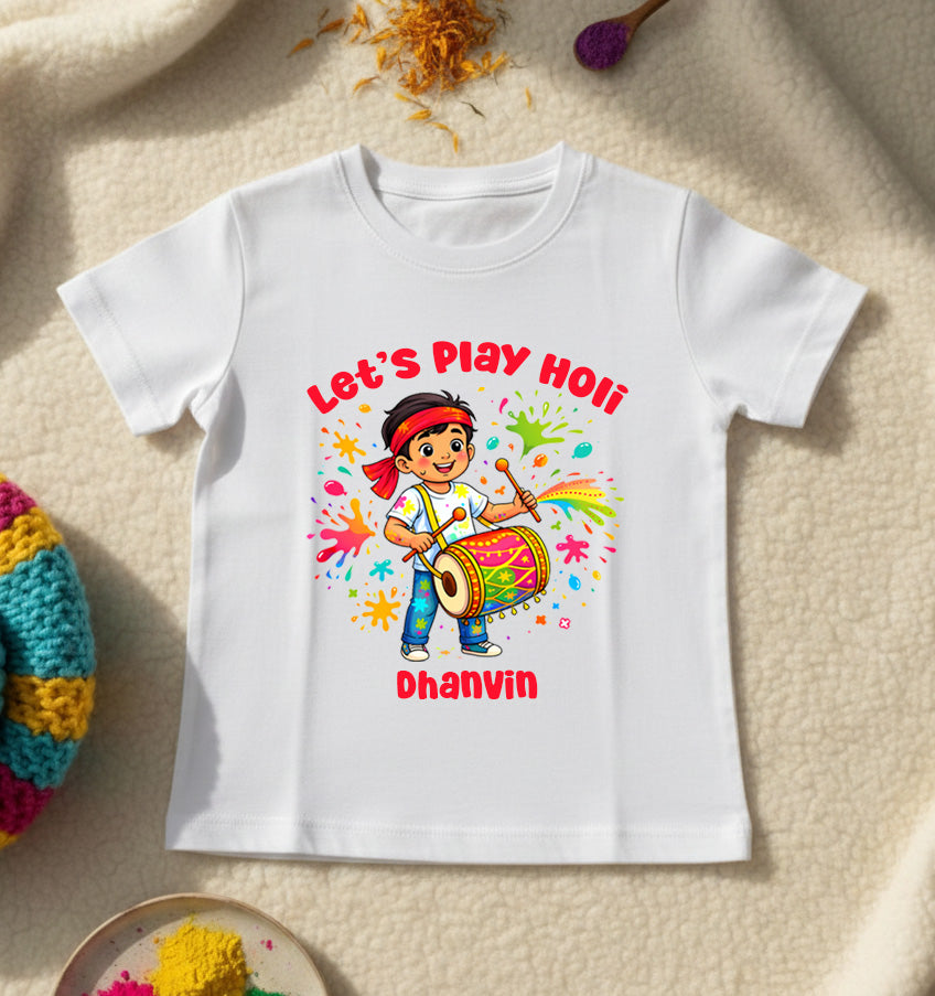 New Born & Baby Clothing | Let's Play Happy Holi Kid's T-shirt With Customized Kid Name | Soft Cotton