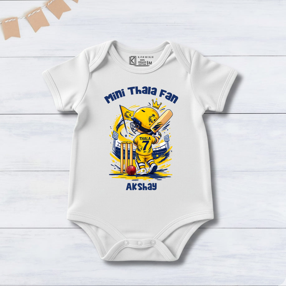 New Born & Baby Clothing | Baby’s CSK Mini Thala Fan With Customized Baby Name White Bodysuit | Soft Cotton