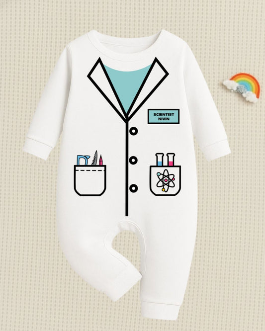Little Scientist – Future Hero Outfit with customized baby name_ White Full Romper