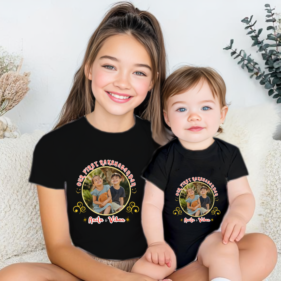 Combo pack of Our First Raksha Bandhan 2 with Customised Name & Picture_ Black Tees & Onesie