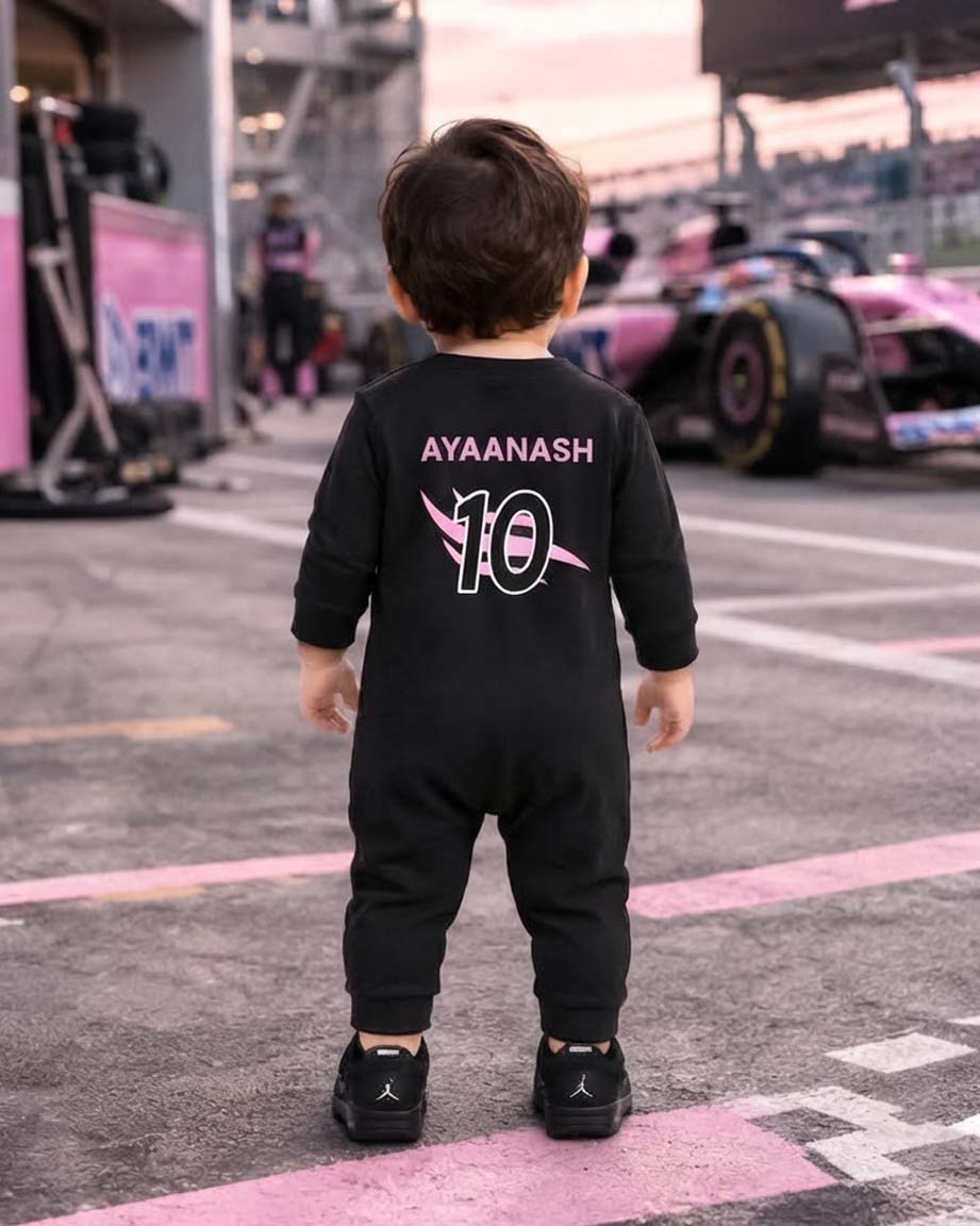 New Born & Baby clothing | Tiny Racer – Personalized Racing Jumpsuit with Customized Baby Name Printed | Soft Black Full Romper Cotton