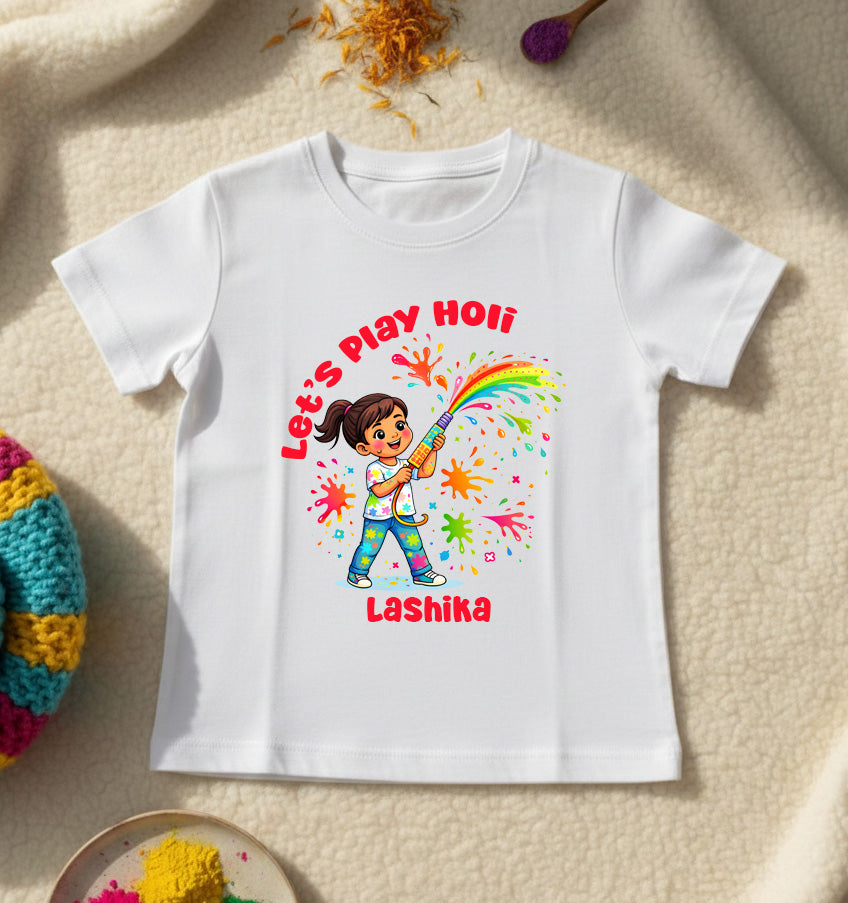 New Born & Baby Clothing | Let's Play Holi Kid's T-shirt With Customized Girl Kid Name | Soft Cotton
