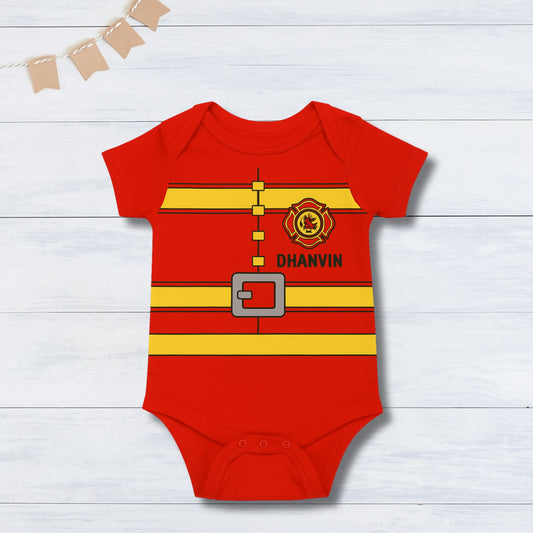 Professional FireFighter Baby Romper With Customized Baby Name_ Red Romper