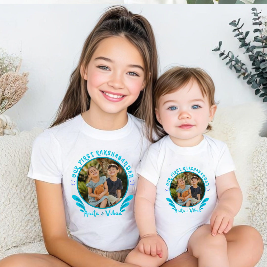 Combo pack of Our First Raksha Bandhan with Customised Name _ White Tees & Onesie