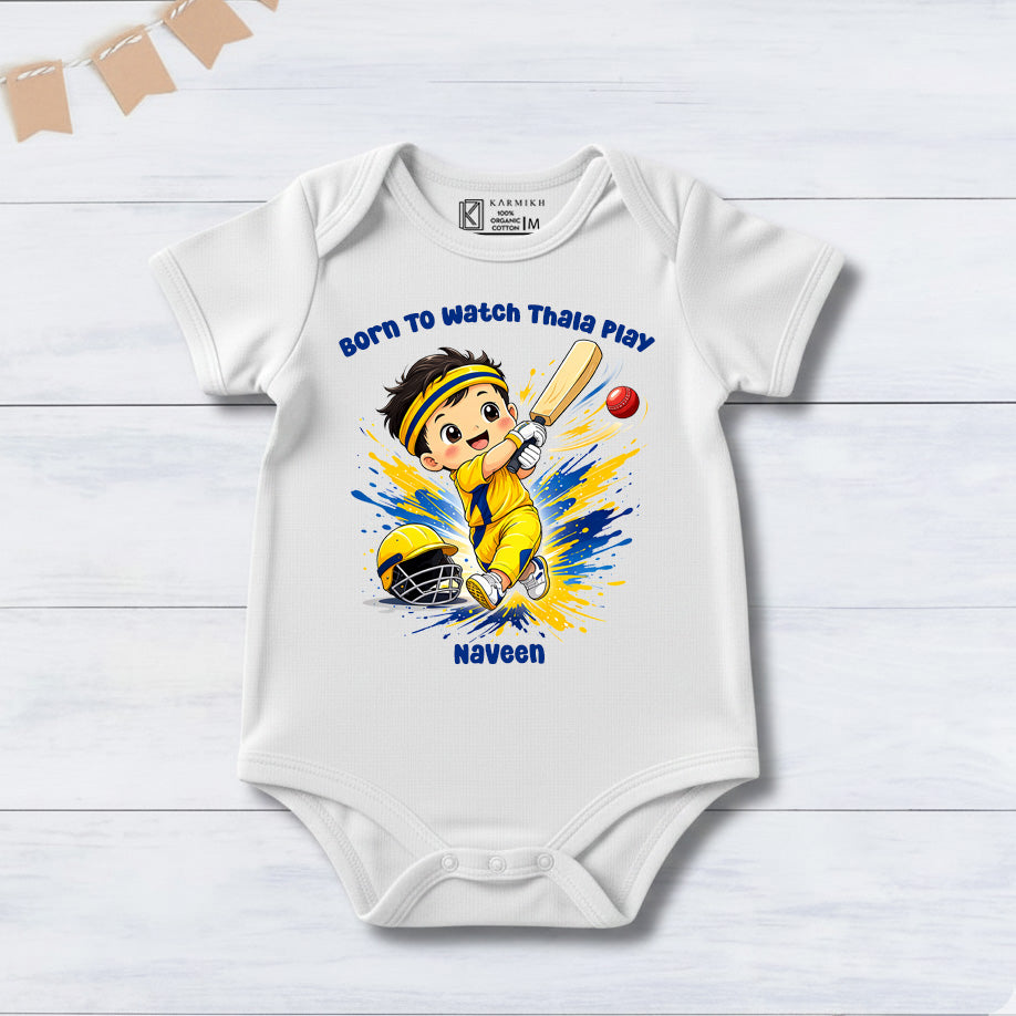 New Born & Baby Clothing | Baby’s CSK Born To Watch Thala Play With Customized Baby Name White Bodysuit | Soft Cotton