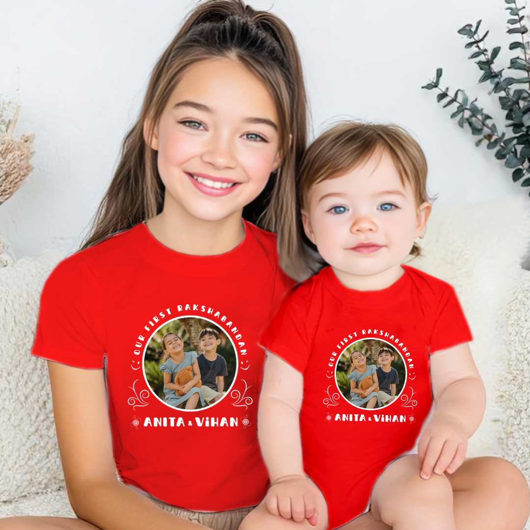 Combo pack of Our First Raksha Bandhan with Customised Name _ Red Tees & Onesie