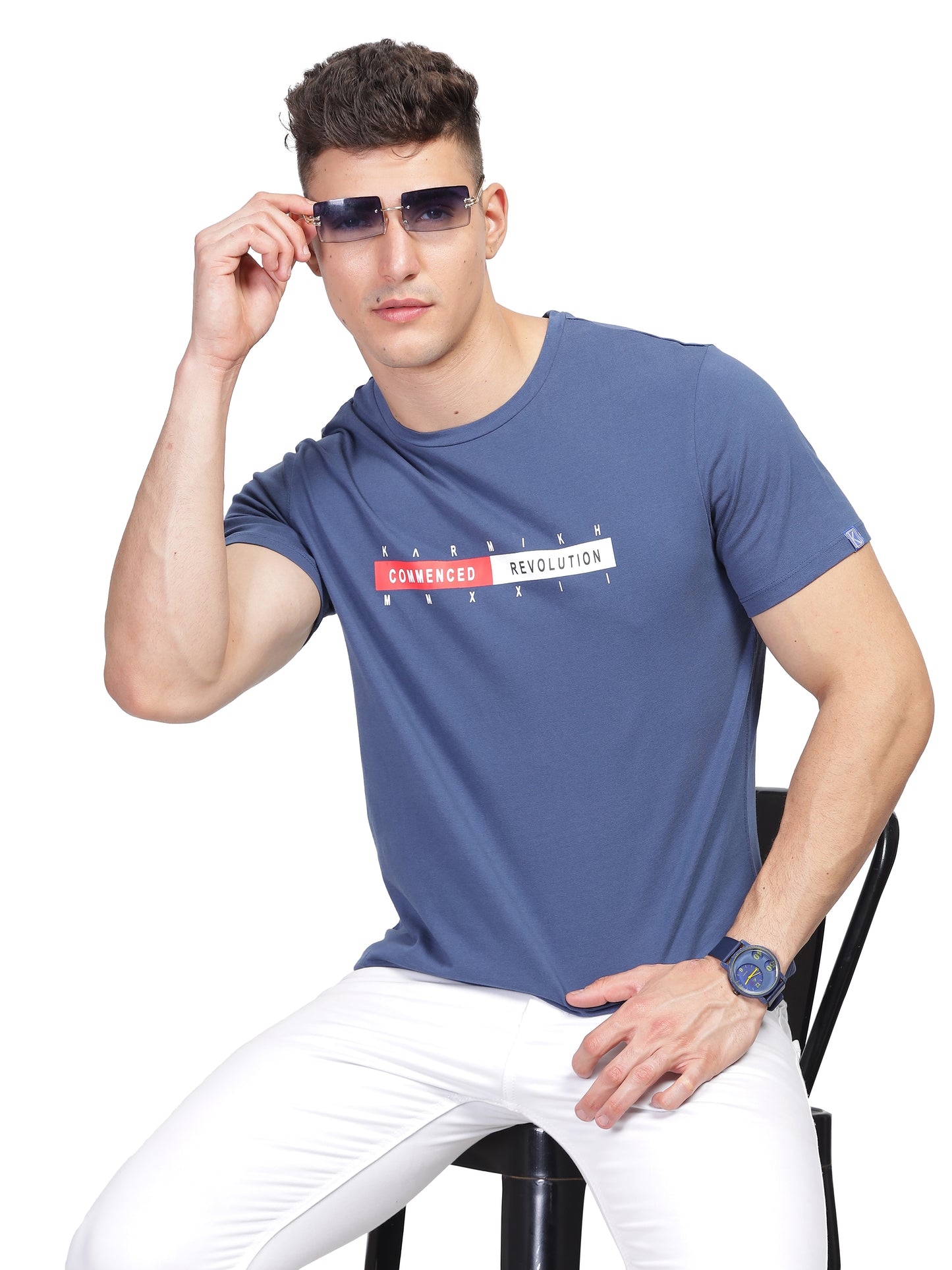 Men Round Neck Premium Organic Cotton Commenced Tshirt - Yale Blue