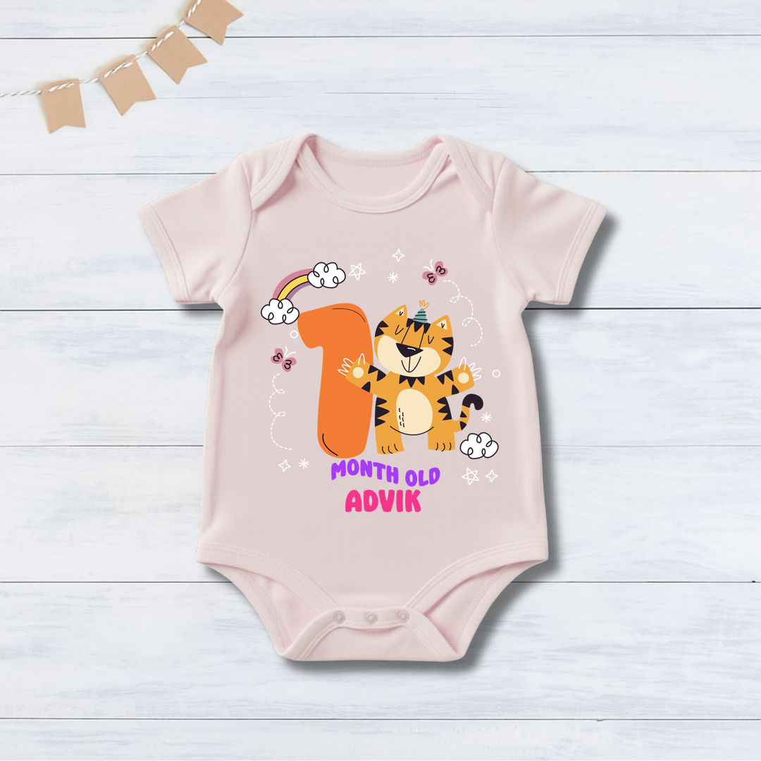 1st Infant monthly birthday Months of Baby Tiger _ Customized name Pink Onesie