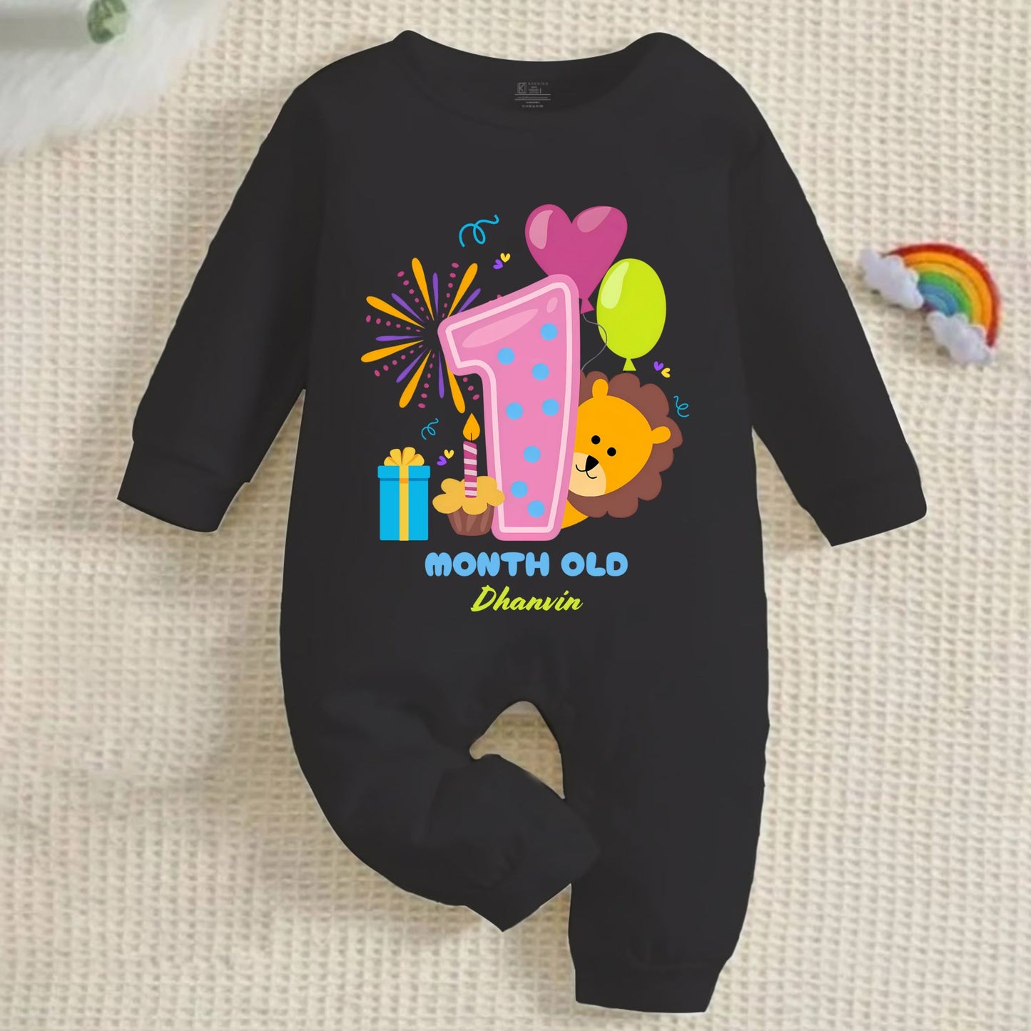 1st Infant monthly birthday Months of Love Full Black Onesie with customized baby name