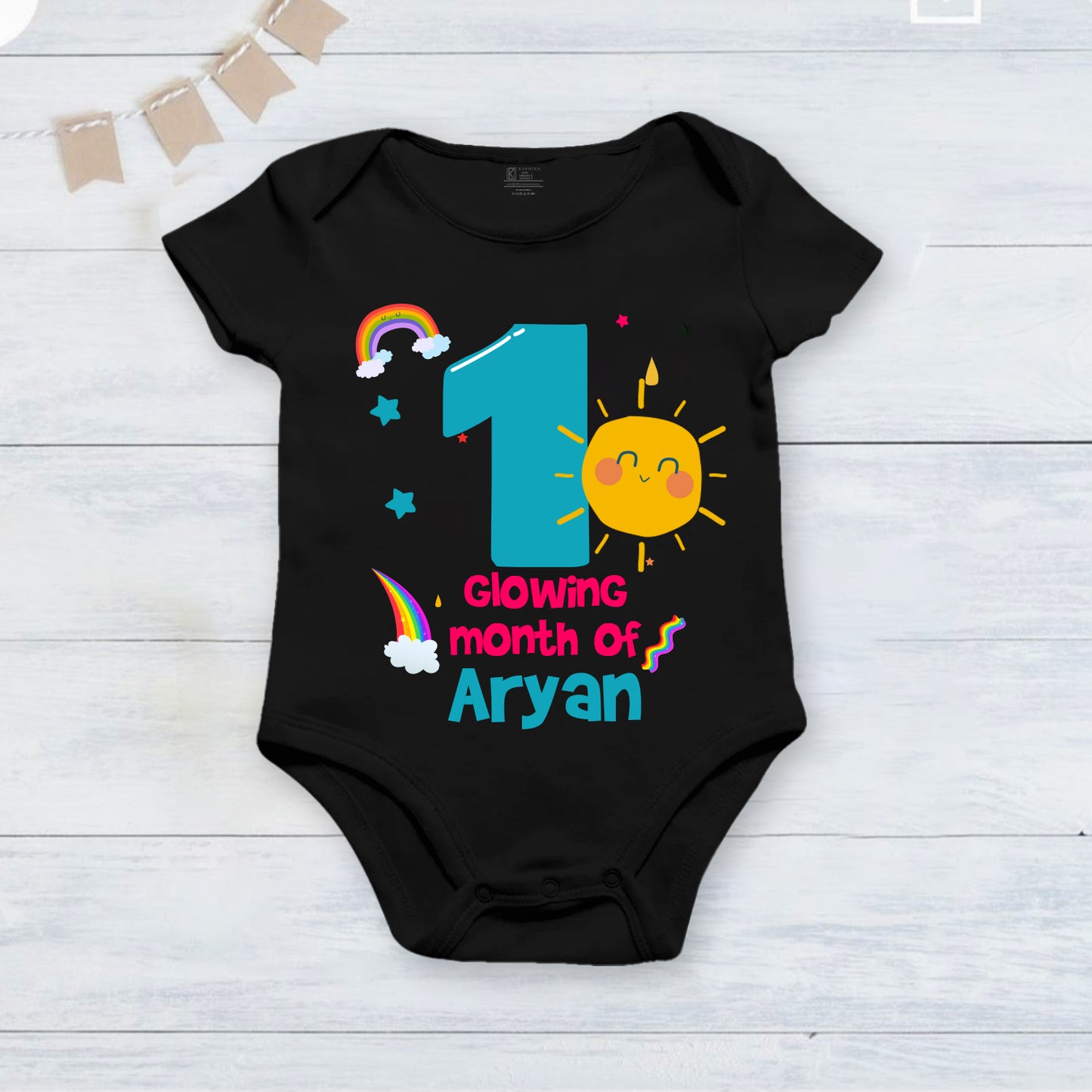 1st Infant monthly birthday_ With Customized Baby Boy's Name Stylish Black Onesies