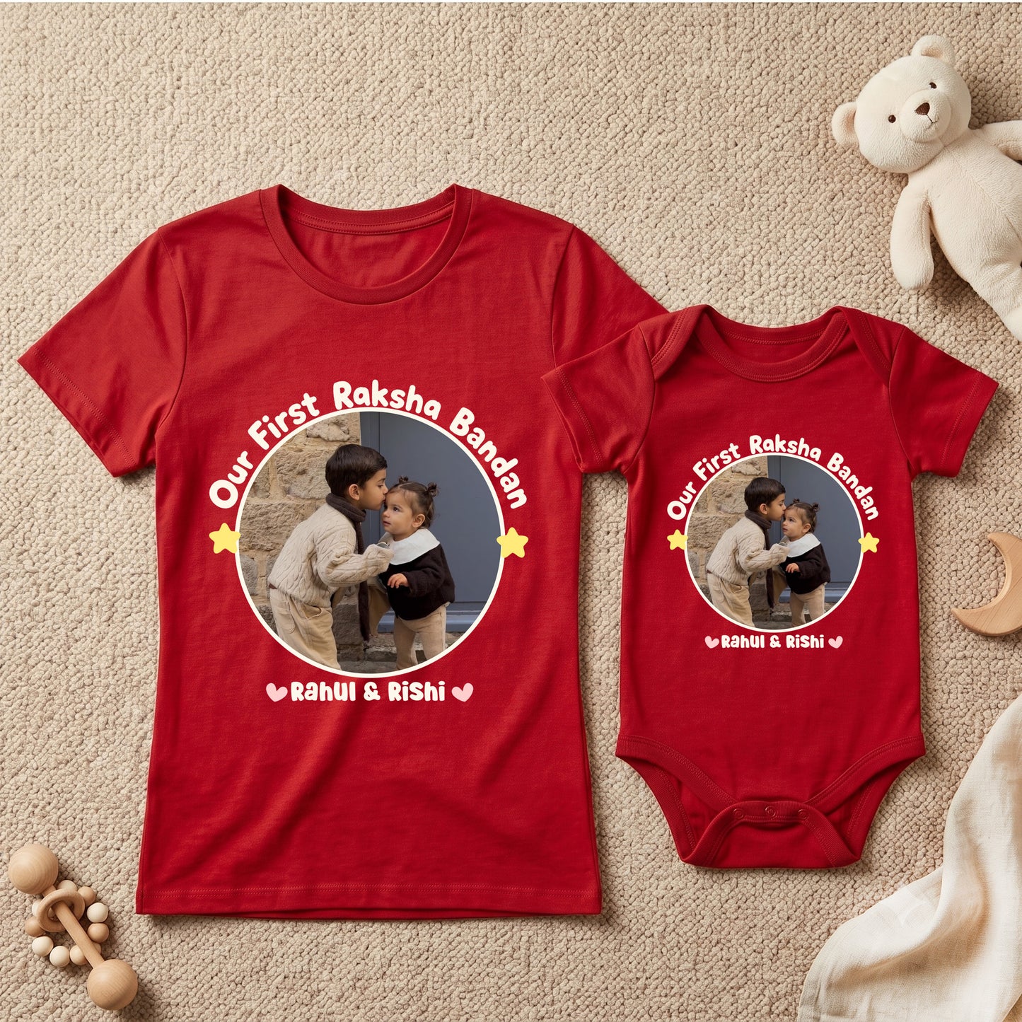 Combo pack of Our First Raksha Bandhan with Customised Name _ Red Tees & Onesie