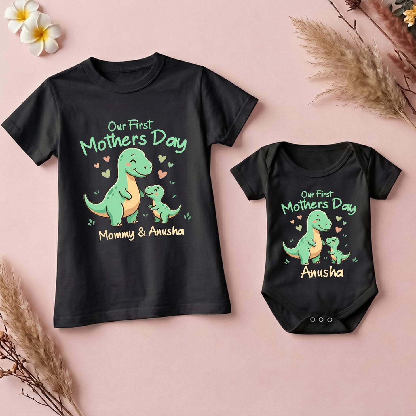 New Born & Baby Clothing | Our First Mother's Day Together With Customized Baby Name Dino Black Combo | Soft Cotton