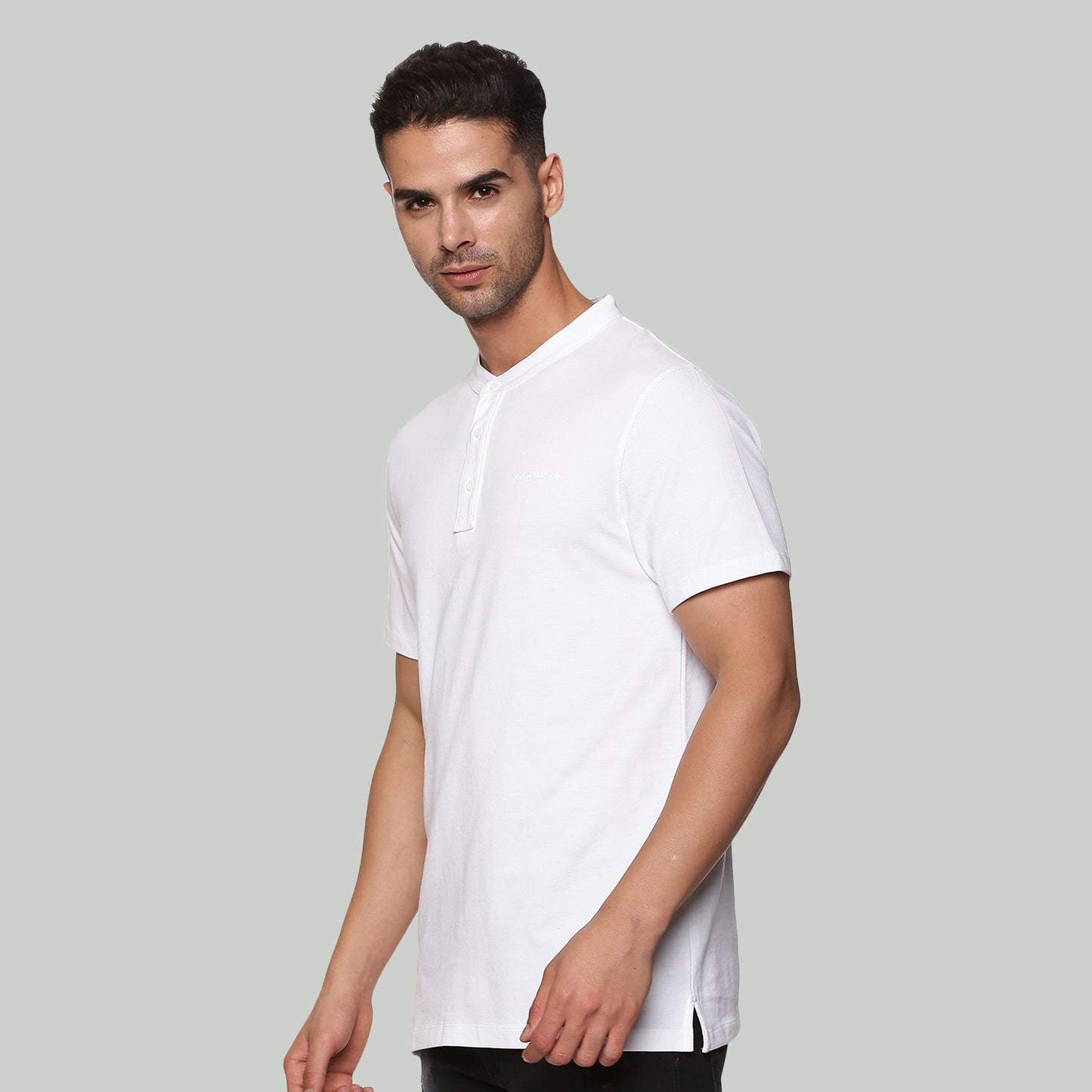 Men White Mandarin Collar Organic Cotton T-Shirt