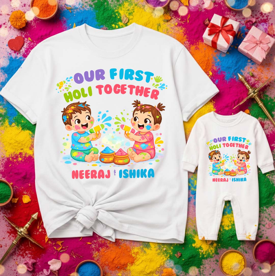 New Born & Baby Clothing | Our First Holi Together Lil Sis Big Bro Twinning Holi Outfits With Customized Baby Name | Soft Cotton