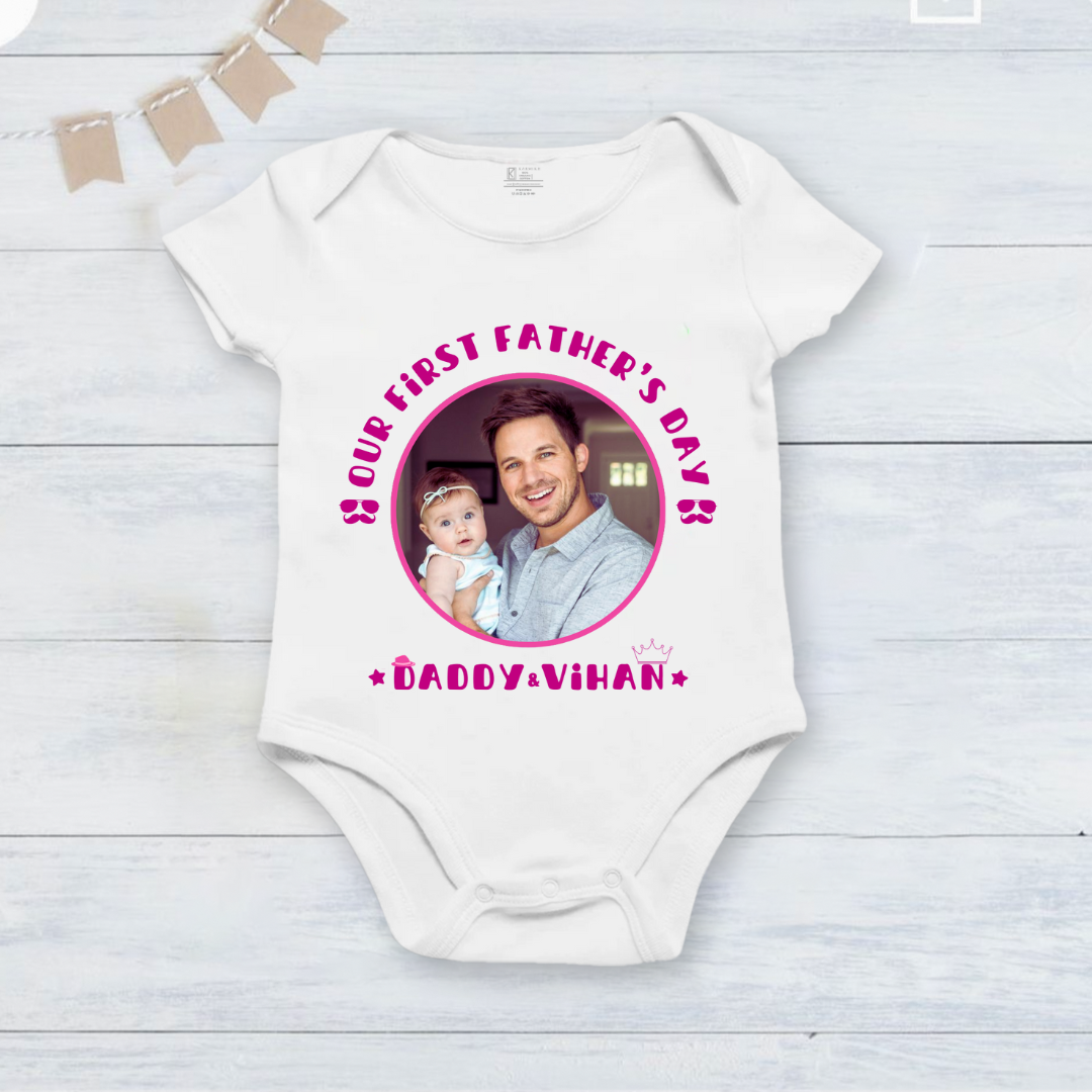 Our First Father's Day customized baby name with dad and baby's picture _white onesie