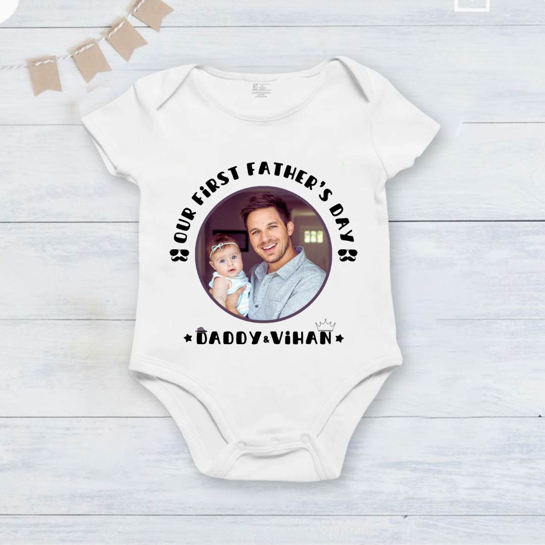 Our First Father's Day customized baby name with dad and baby's picture _white onesie