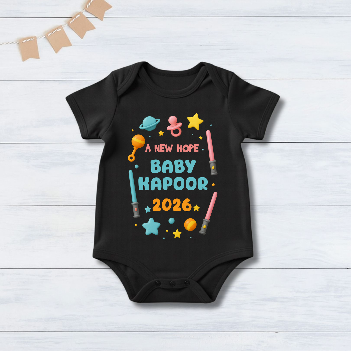 A New Hope Baby Kapoor 2026 With Customized Surname infant onesie_ Black