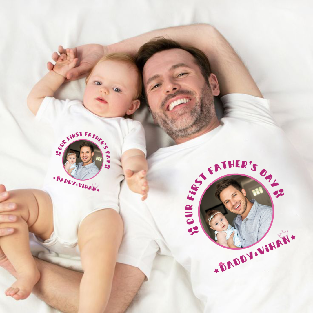 New Born & Baby Clothing | Our First Father's Day Twinning Sets T-shirt and onesie customized baby name with picture | Soft T-shirt