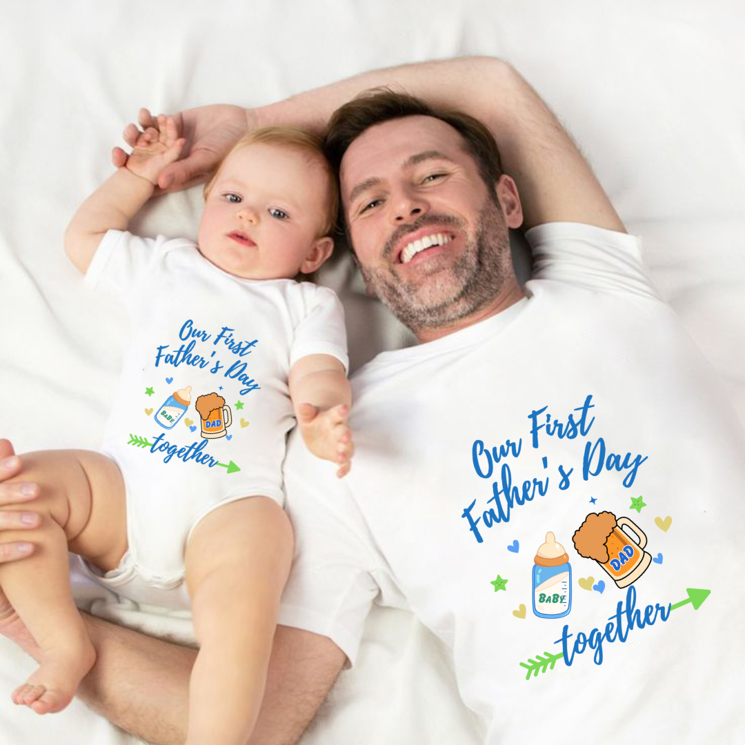 New Born & Baby Clothing | Our First Father's Day Together White T-shirt & Bodysuite Combo Design | Soft Cotton