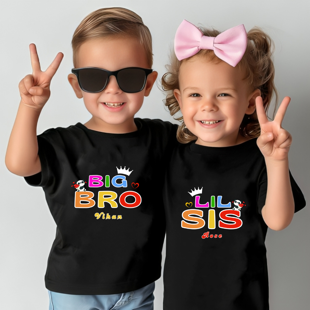 Combo pack of Big Brother, Little Sister with Customised Name_ Black Tees