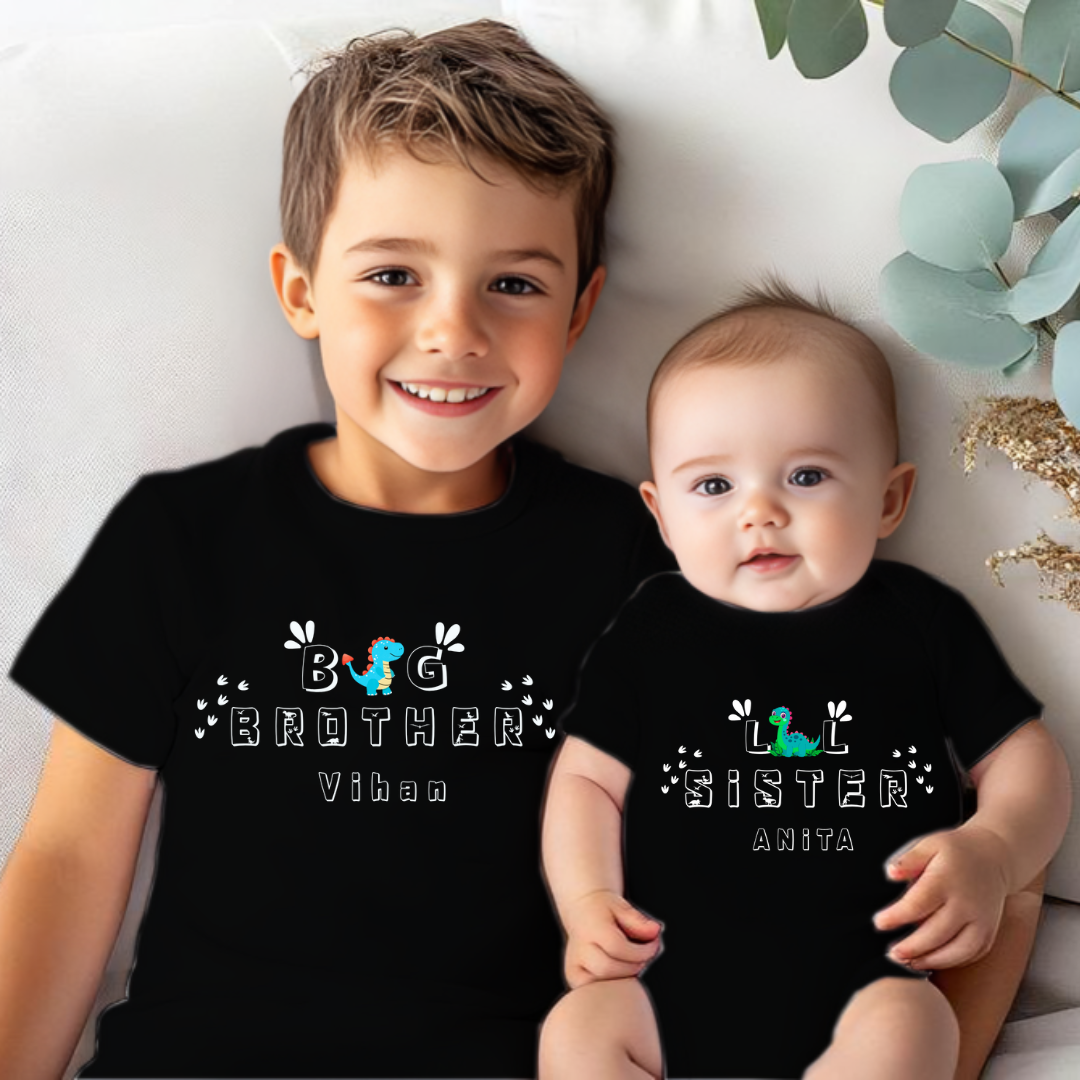 Combo pack of Big Brother, Little Sister with Customised Name_ Black Tees & Onesie