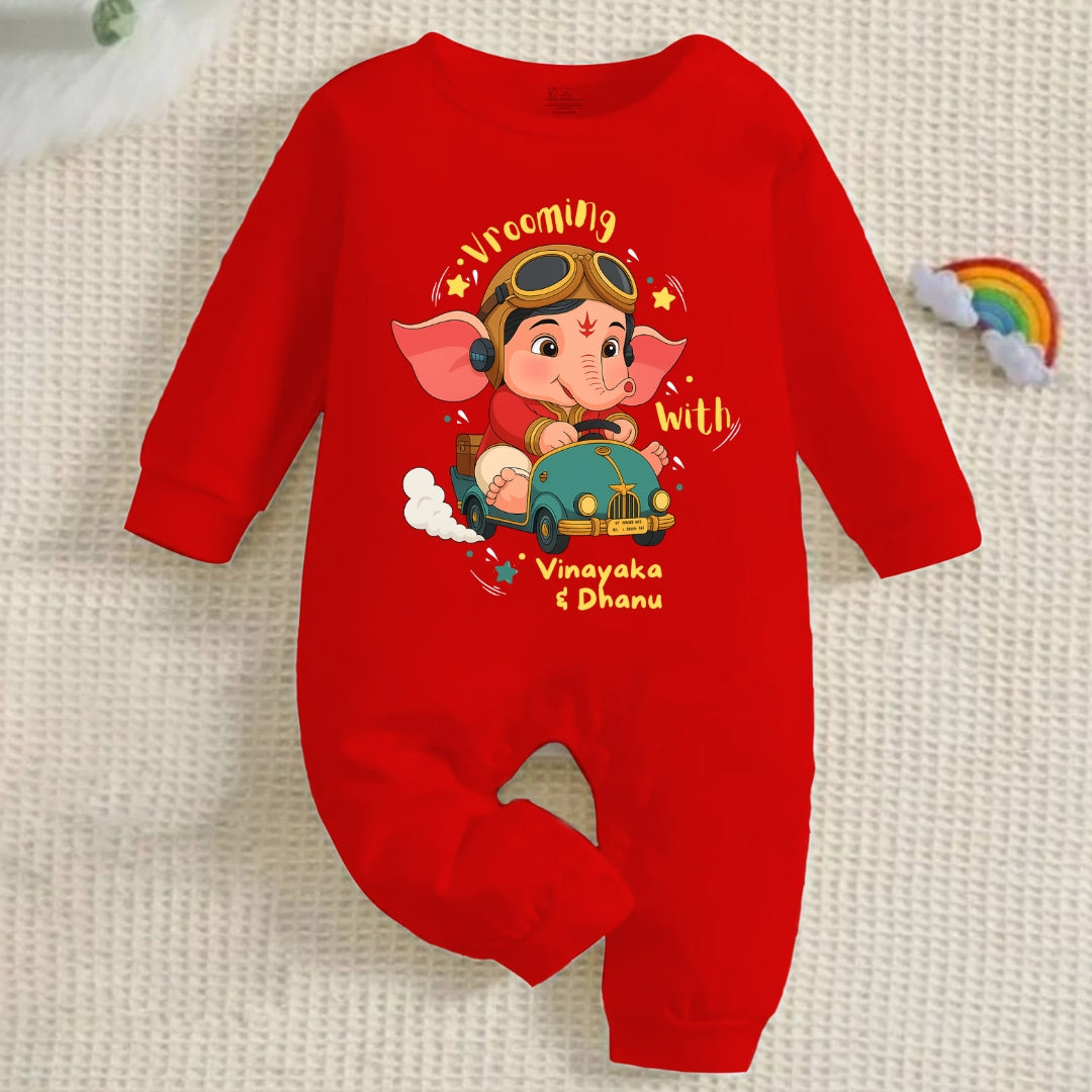 Vrooming with Vinayaka with customised name_ Full Red Romper