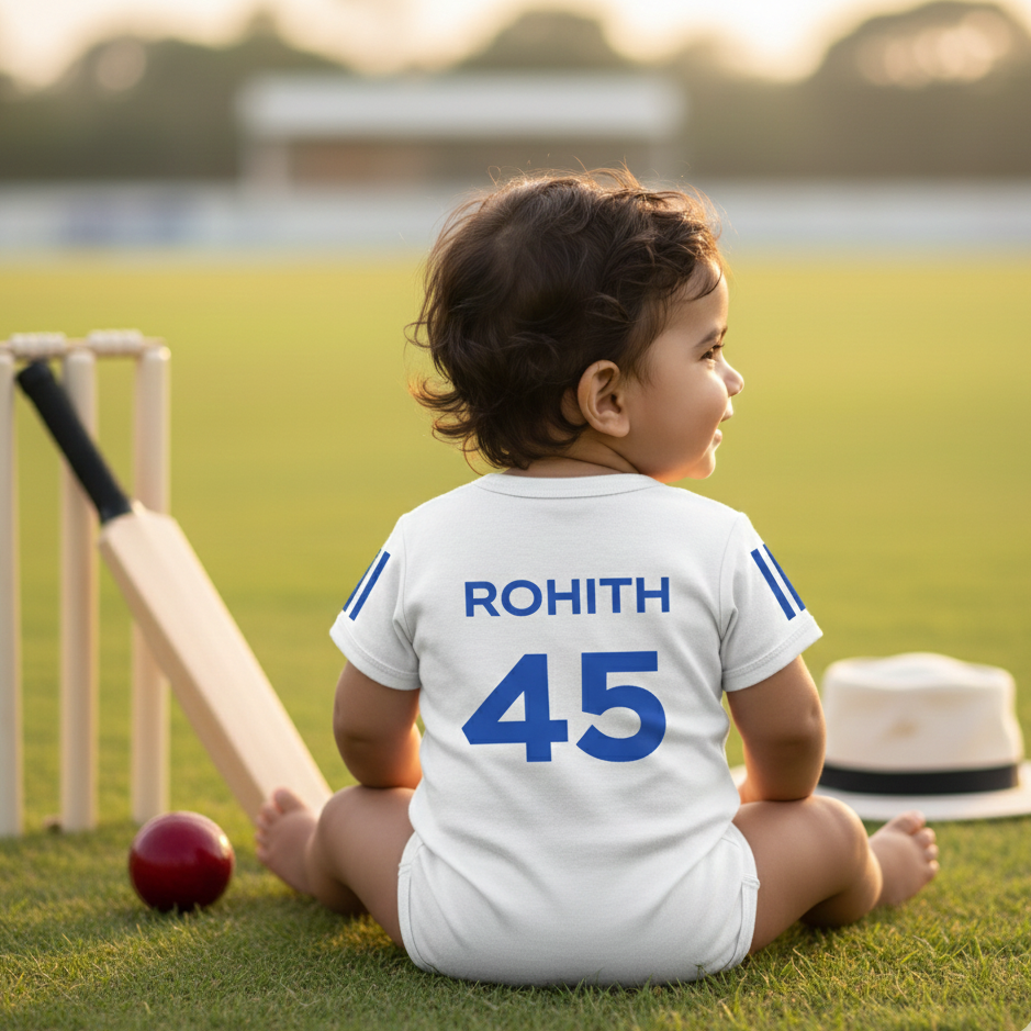 Cute Cricket Jersey Photoshoot Outfit With Customized Baby Name for Newborns White Dress & Infants