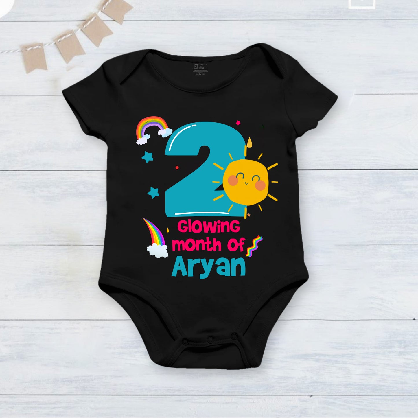 2nd Infant monthly birthday_ With Customized Baby Boy's Name Stylish Black Onesies